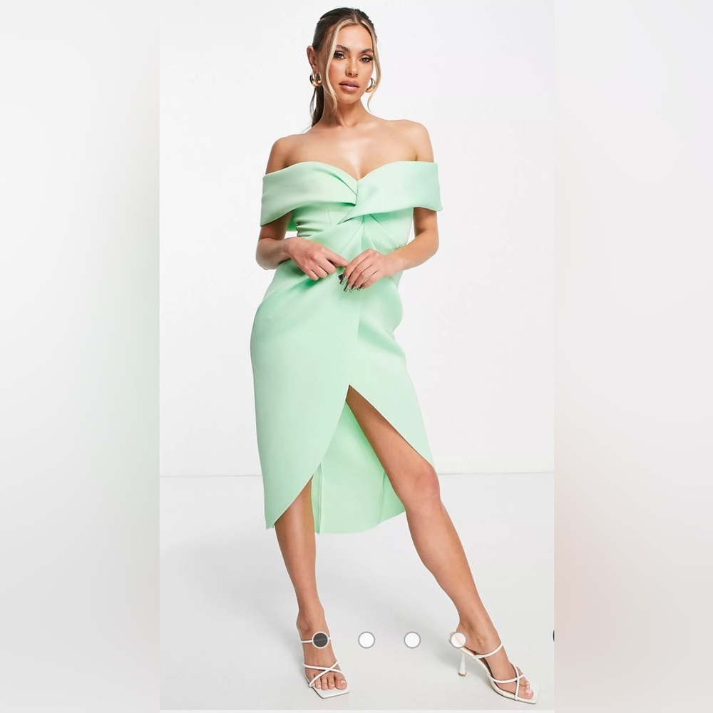 ASOS DESIGN off shoulder twist front midi pencil dress in green ash
